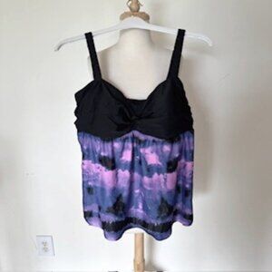 New Women's Plus Swim Bandeau Tankini Top, Black/Purple Tie Dye, 2XL